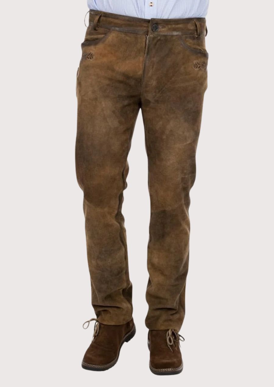 Men's Long Lederhosen Brown Leather Crest with slim fit silhouette, traditional Bavarian craftsmanship, authentic Alpine heritage styling, and Oktoberfest fashion