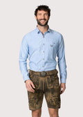 Brown goatskin suede lederhosen shorts featuring heritage-inspired embroidery and a traditional Bavarian belt buckle