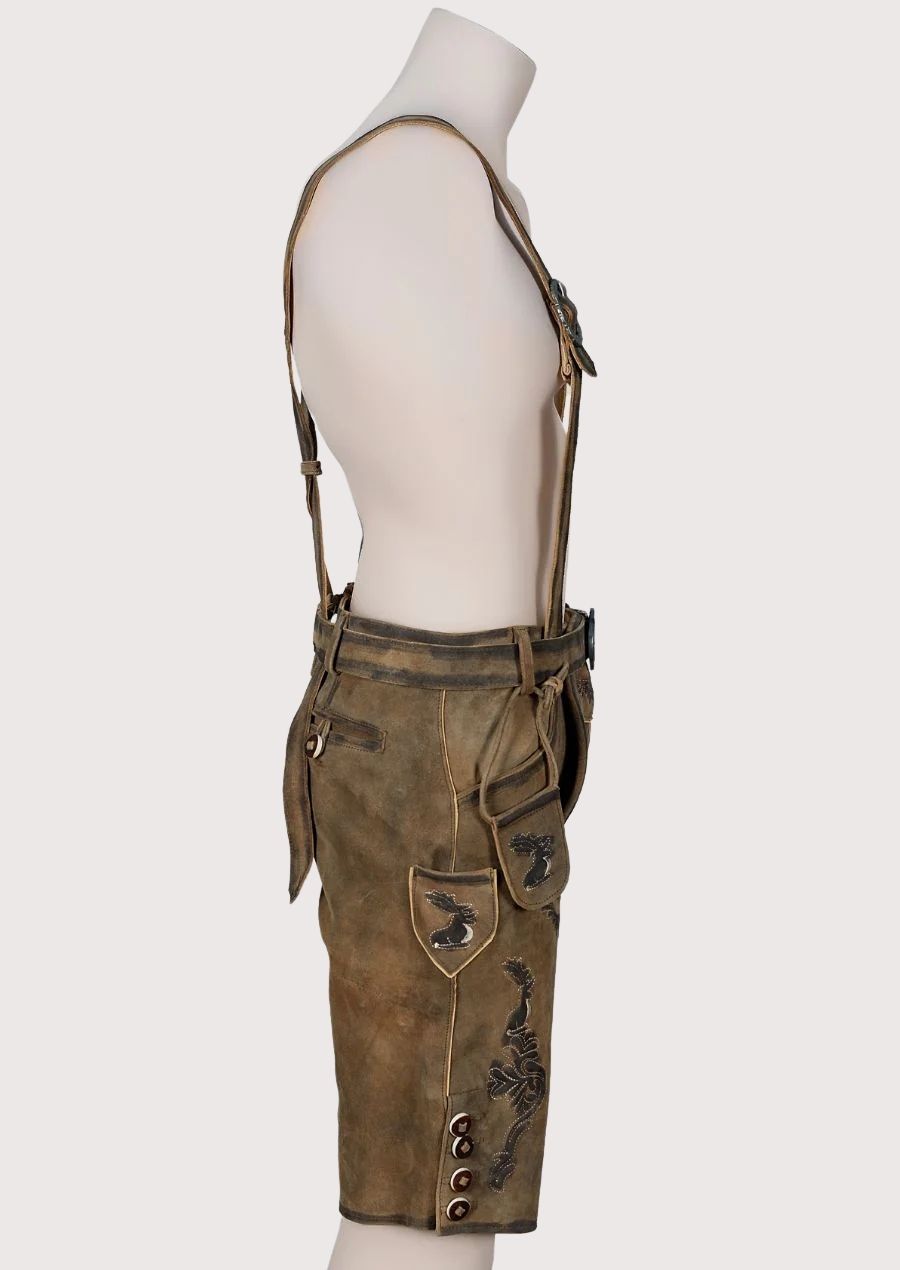Eagle Motif Lederhosen With Braces, matching suspenders, intricate embroidery, and authentic Oktoberfest appeal