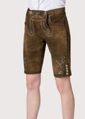 Rustic brown Trachten shorts for ladies crafted from distressed suede with decorative folk-inspired embroidery.