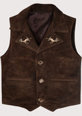 Rustic Brown Trachten Suede Vest for men with embroidered stag lapels, traditional Bavarian waistcoat, Oktoberfest clothing, genuine leather Alpine vest, German folk fashion.