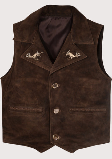 Rustic Brown Trachten Suede Vest for men with embroidered stag lapels, traditional Bavarian waistcoat, Oktoberfest clothing, genuine leather Alpine vest, German folk fashion.