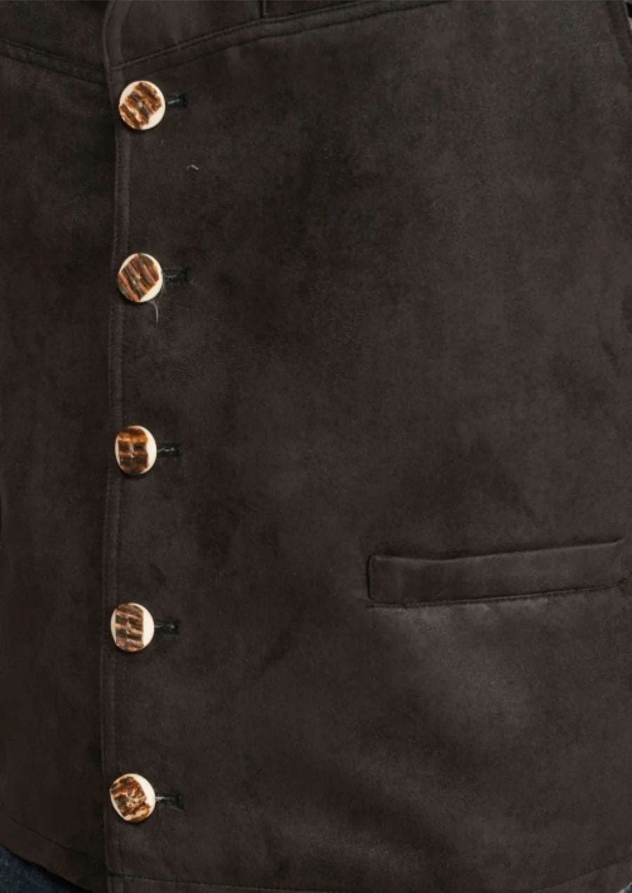 Rustic brown leather vest with metal buttons on male model