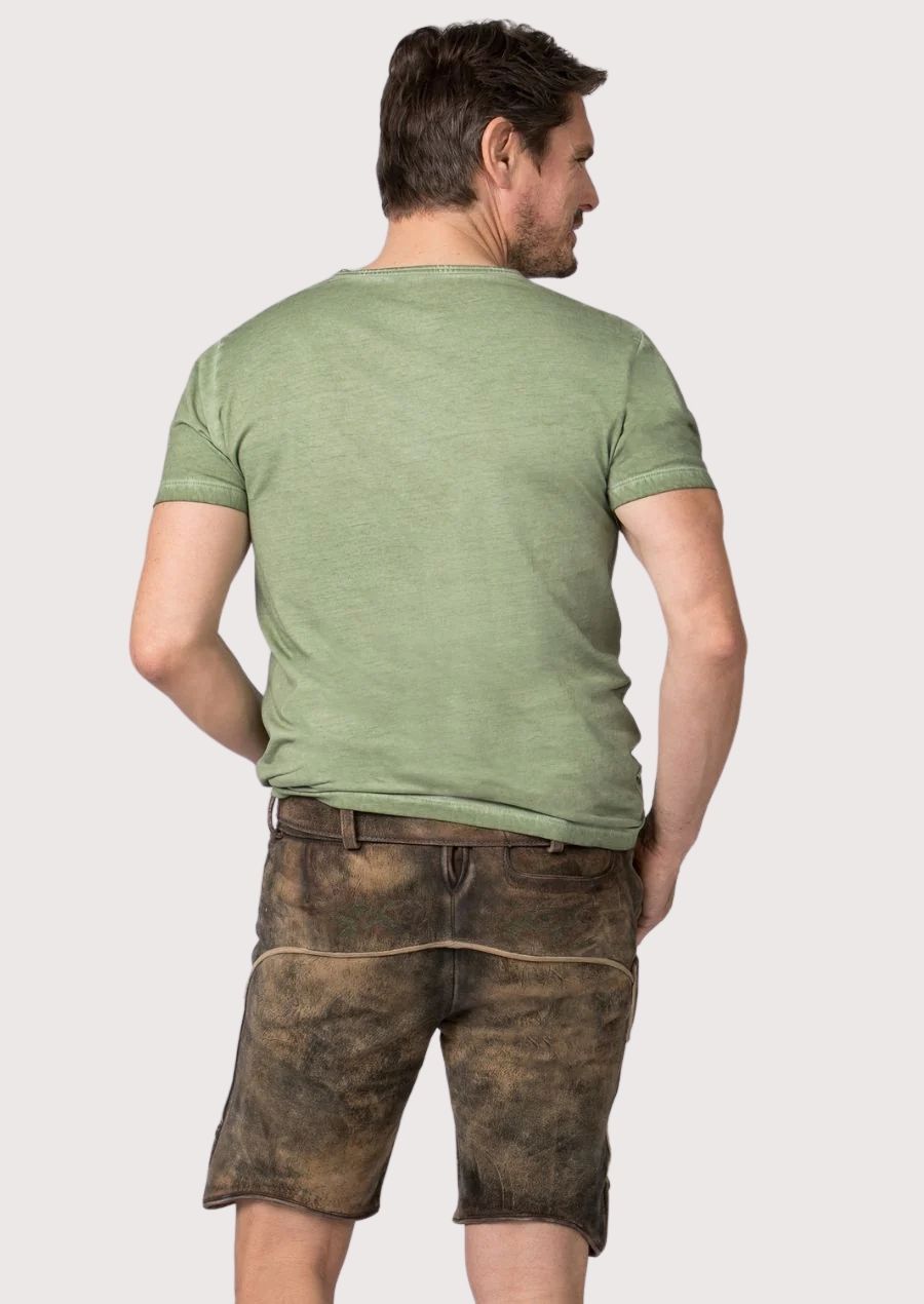 Vintage brown suede lederhosen with subtle green embroidery and heritage Alpine character