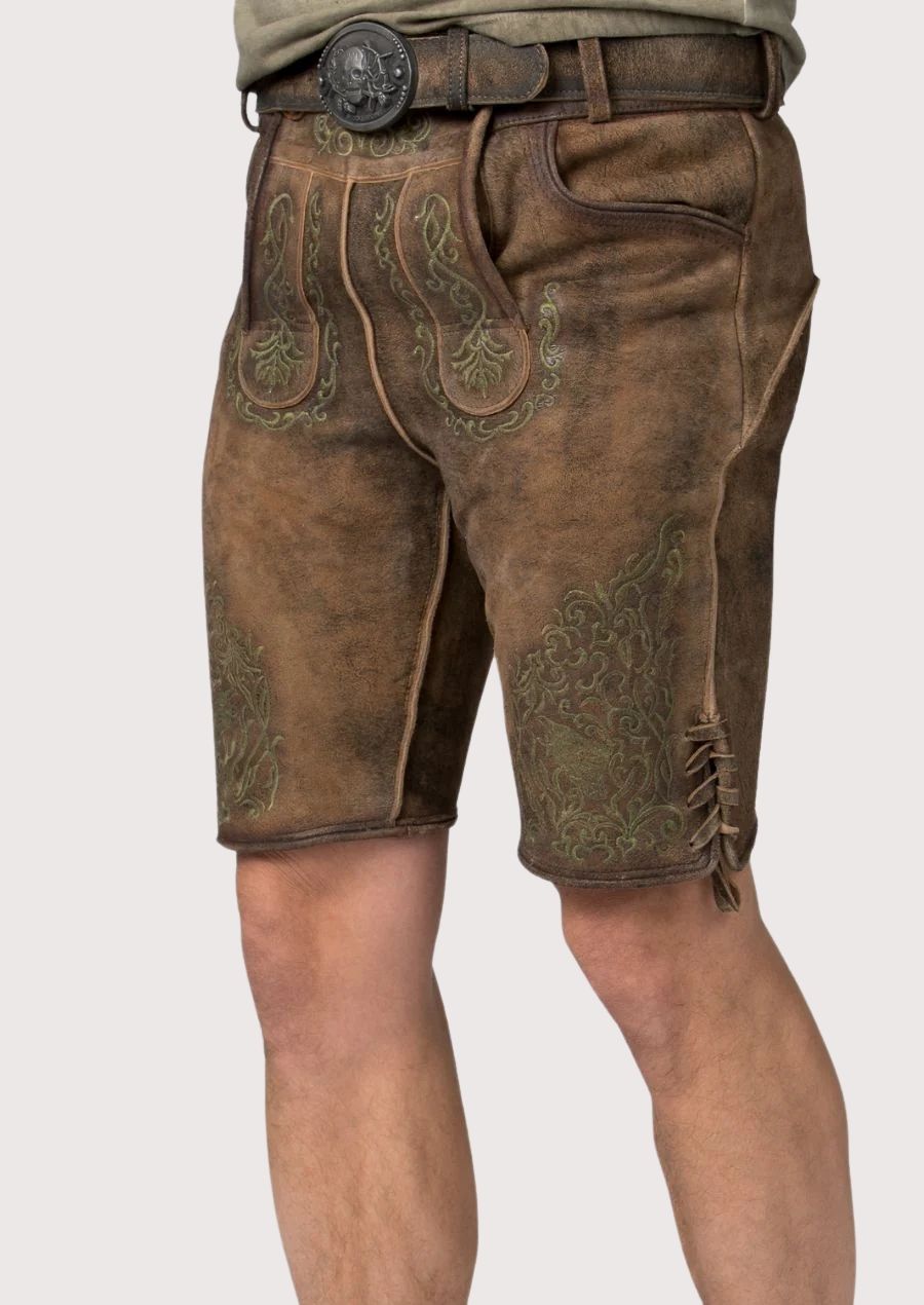 Authentic brown lederhosen shorts with olive embroidery, skull buckle and heritage craftsmanship