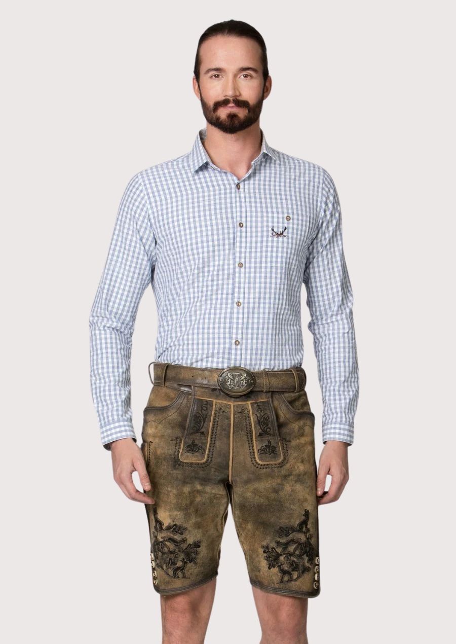Rustic goatskin suede lederhosen shorts with decorative embroidery designed for Oktoberfest celebrations