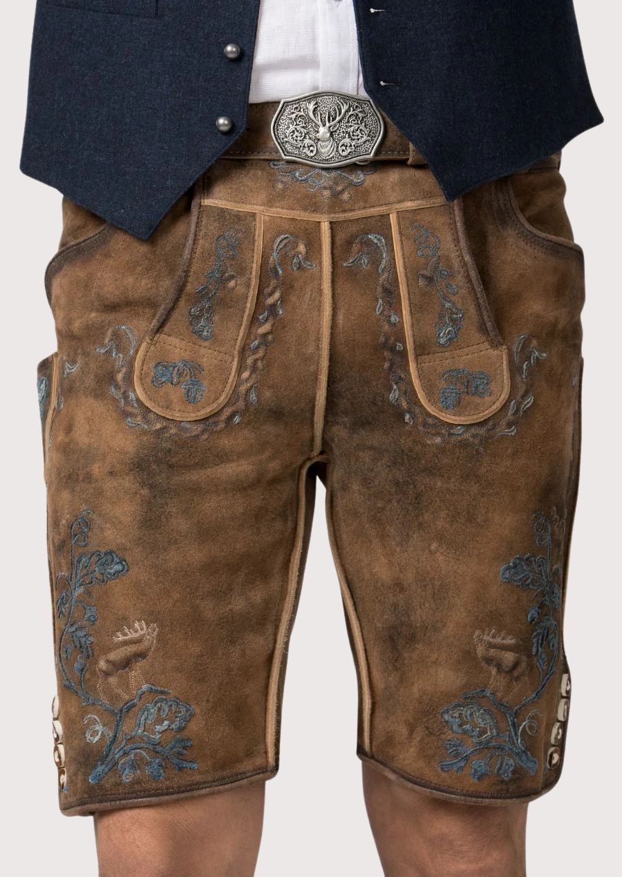 Men's saddle brown alpine deer lederhosen shorts with blue embroidery, deer motifs, traditional Bavarian craftsmanship and Oktoberfest styling
