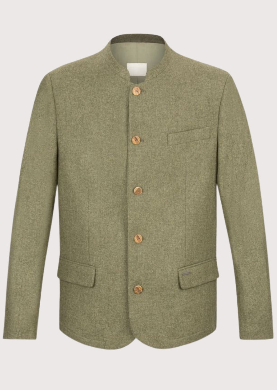 Sage Loden Trachten Jacket Men with stand collar, wooden buttons, premium wool blend fabric, Bavarian traditional jacket, Alpine formalwear, Oktoberfest clothing, German heritage fashion, and authentic Austrian menswear