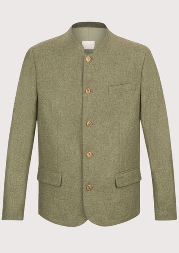 Sage Loden Trachten Jacket Men with stand collar, wooden buttons, premium wool blend fabric, Bavarian traditional jacket, Alpine formalwear, Oktoberfest clothing, German heritage fashion, and authentic Austrian menswear