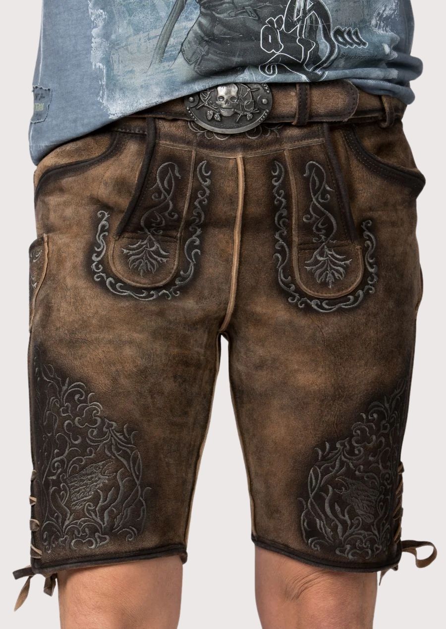 shadow oak suede lederhosen with detailed embroidery, weathered leather texture and premium construction
