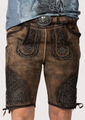 shadow oak suede lederhosen with detailed embroidery, weathered leather texture and premium construction