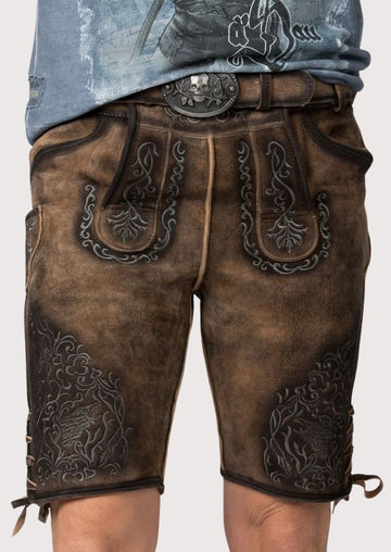 shadow oak suede lederhosen with detailed embroidery, weathered leather texture and premium construction