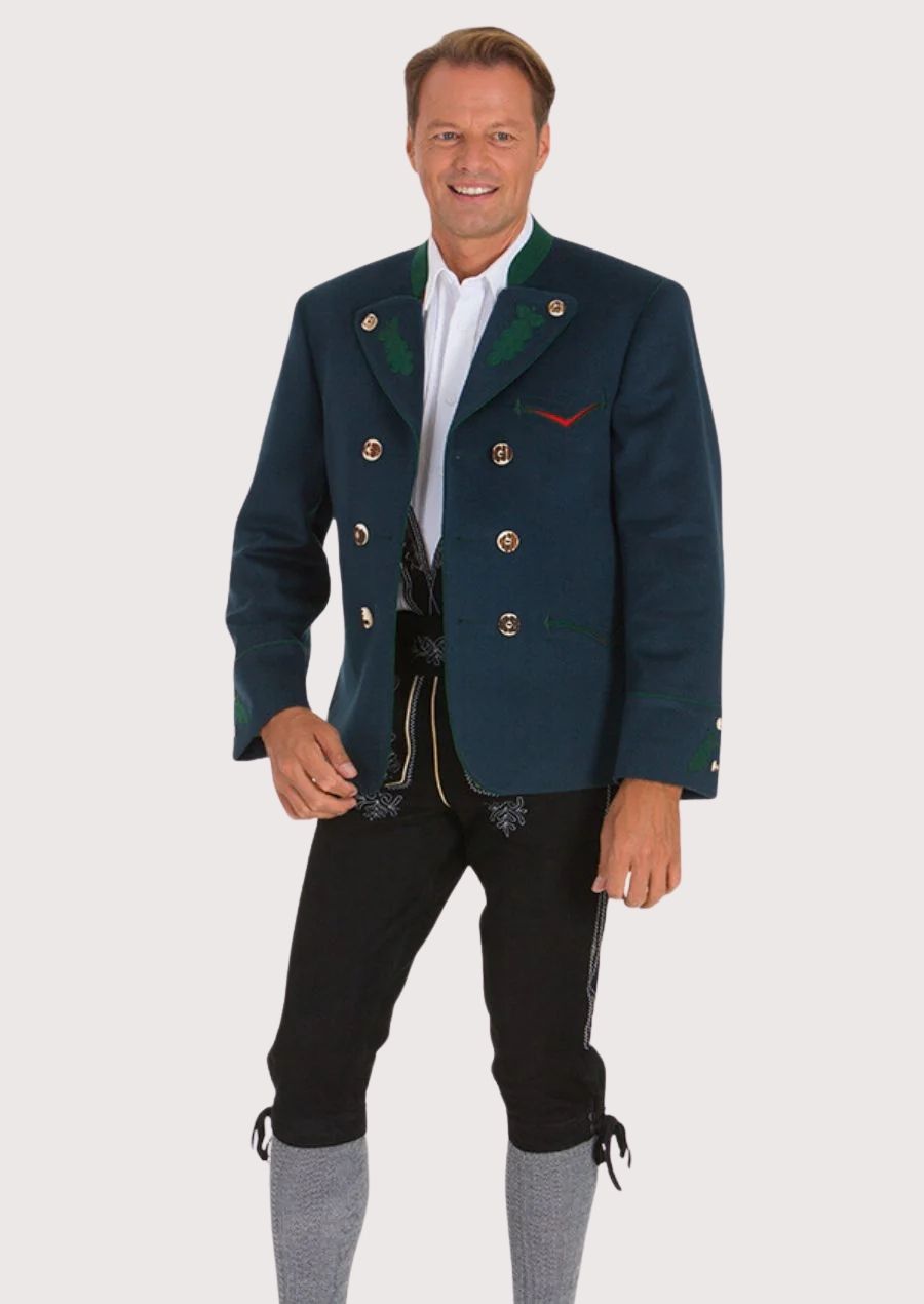 Miesbacher Tracht Jacket for Men in Dark Green with floral embroidery, perfect for Oktoberfest and cultural celebrations.