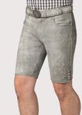 Men's silver gray goatskin suede lederhosen shorts with subtle embroidery and contemporary Bavarian styling
