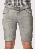 Classic gray goatskin suede lederhosen shorts with decorative embroidery and premium Oktoberfest styling
