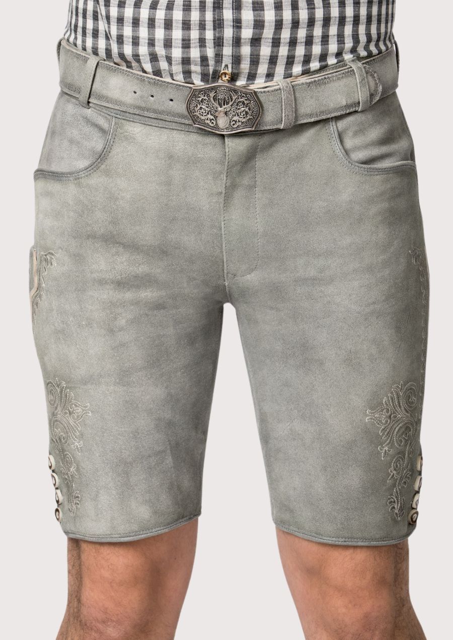 Classic gray goatskin suede lederhosen shorts with decorative embroidery and premium Oktoberfest styling