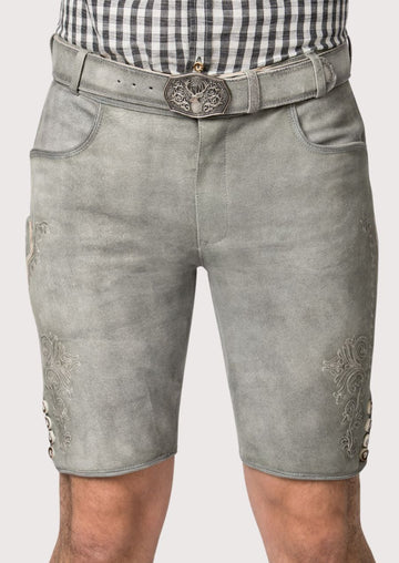 Classic gray goatskin suede lederhosen shorts with decorative embroidery and premium Oktoberfest styling