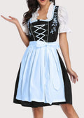 Traditional Bavarian Dirndl featuring a black embroidered bodice, light blue apron, white ruffle blouse, and elegant Alpine styling.