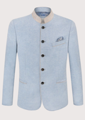 Mens Sky Blue Bavarian Wedding Jacket with grey stand collar, matching pocket square, premium wool blend fabric, Bavarian traditional jacket, Alpine formalwear, Oktoberfest clothing, German heritage fashion, and luxury Trachten blazer
