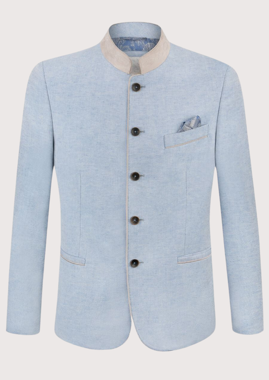 Mens Sky Blue Bavarian Wedding Jacket with grey stand collar, matching pocket square, premium wool blend fabric, Bavarian traditional jacket, Alpine formalwear, Oktoberfest clothing, German heritage fashion, and luxury Trachten blazer