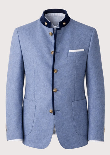Sky blue men’s stand collar jacket with gold buttons