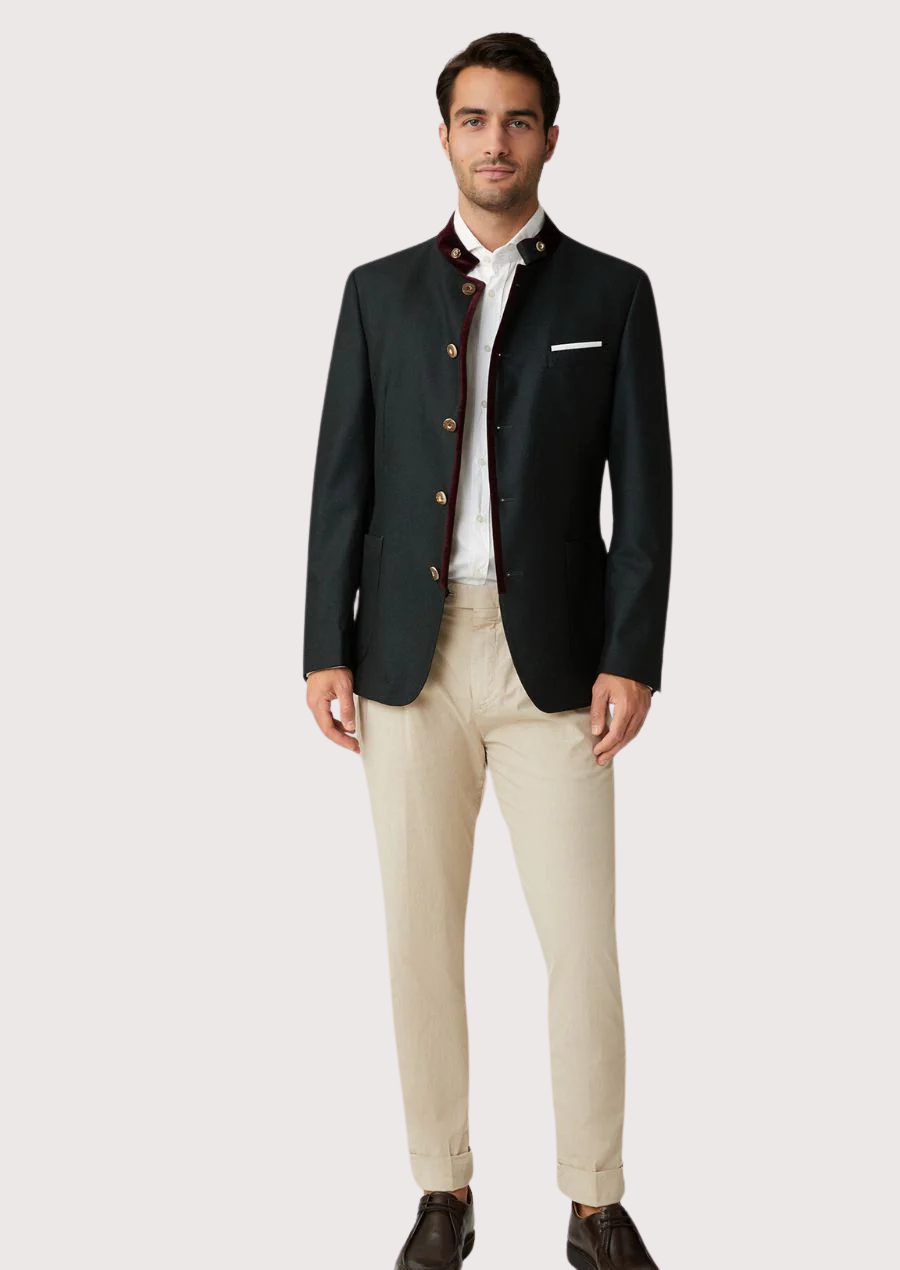 Man wearing slim fit Trachten blazer with velvet collar