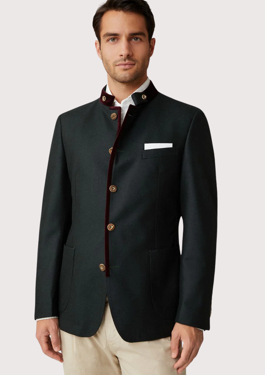 Man wearing slim fit Trachten blazer with velvet collar
