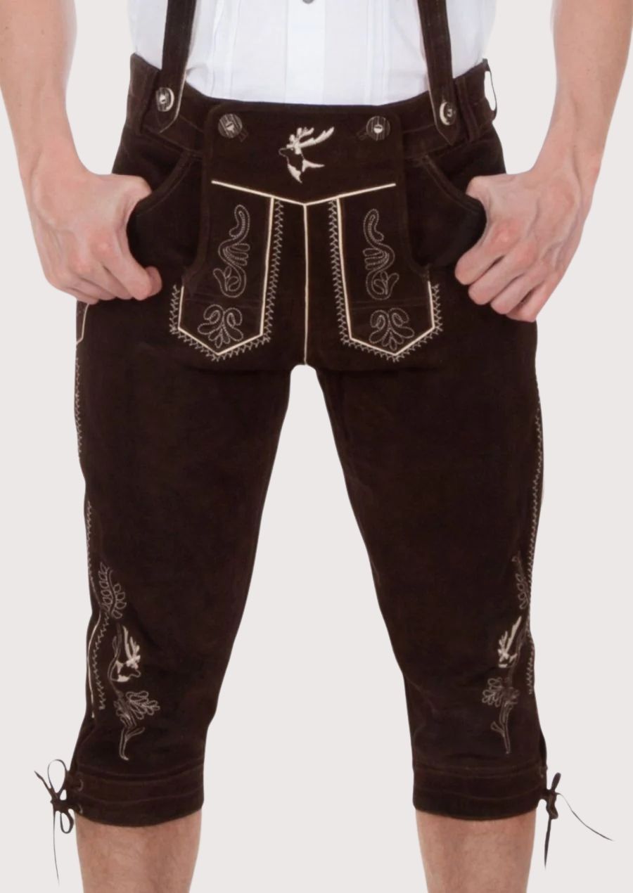 Men's Stag Embroidered Suede Bundhosen with stag embroidery, suspenders, knee-length Bavarian design, traditional Oktoberfest attire