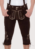 Men's Stag Embroidered Suede Bundhosen with stag embroidery, suspenders, knee-length Bavarian design, traditional Oktoberfest attire