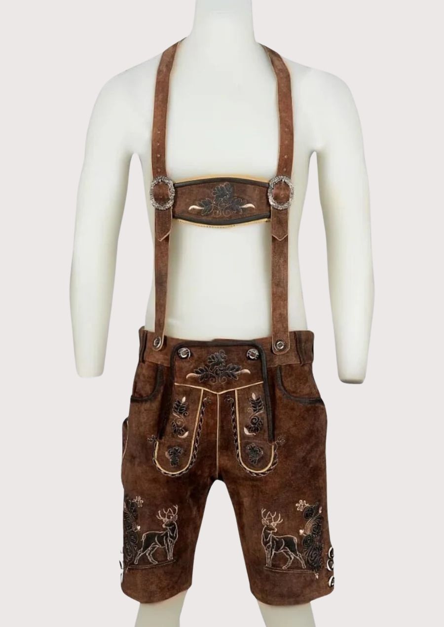 Stag Suede Lederhosen With Braces with embroidered suspenders, deer artwork, and timeless Bavarian character