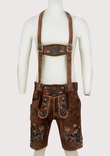 Stag Suede Lederhosen With Braces with embroidered suspenders, deer artwork, and timeless Bavarian character