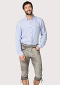 Stone grey goatskin suede Bundhosen with traditional knee-length cut, rustic finish, and classic Bavarian styling