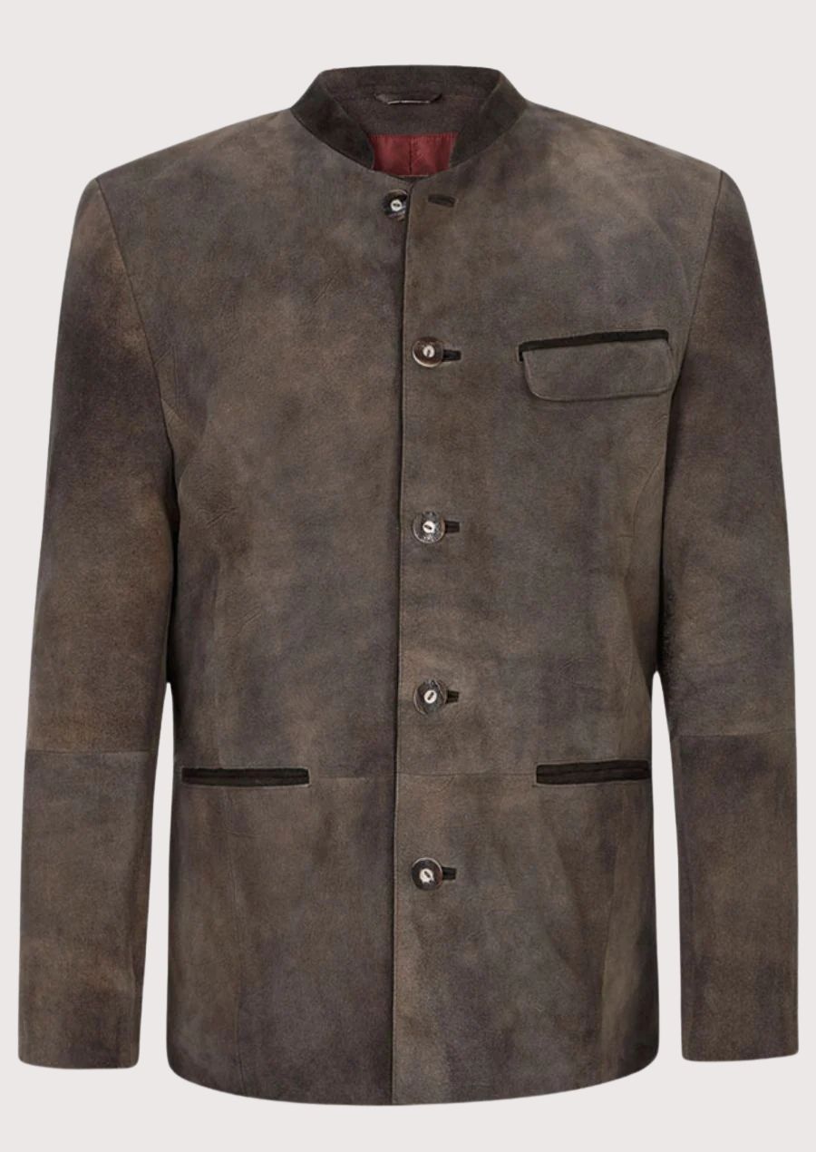 Stone Suede Trachten Jacket Brown for men, Bavarian leather jacket with stand collar, traditional German Oktoberfest coat, Alpine suede blazer, authentic Trachten menswear, premium leather jacket, heritage Bavarian clothing.