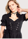 Traditional long dirndl dress with black and contrasting color skirt, perfect for festivals, cultural events, and traditional gatherings.