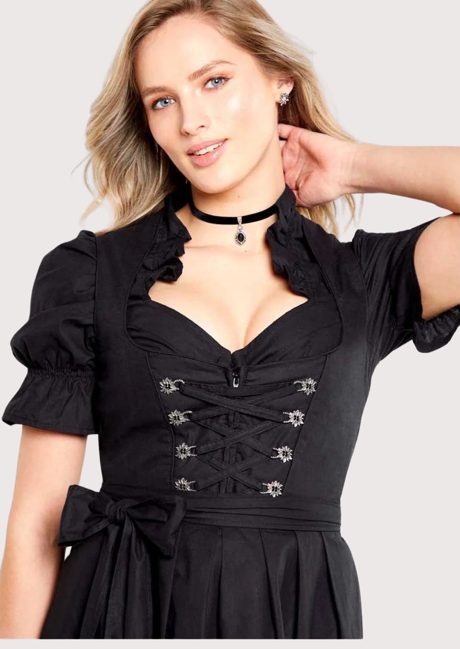 Traditional long dirndl dress with black and contrasting color skirt, perfect for festivals, cultural events, and traditional gatherings.