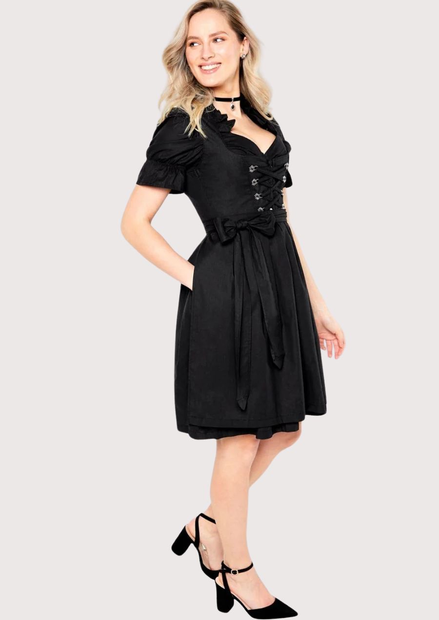 Elegant black long dirndl dress with lace-up bodice, ideal for Oktoberfest, cultural events, and festive gatherings.