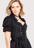Gorgeous long dirndl dress with a fitted bodice and stylish ribbon tie, ideal for special occasions like Oktoberfest and weddings.
