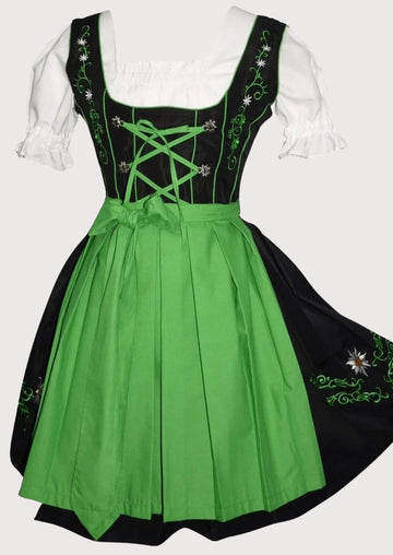 Elegant long dirndl with detailed embroidery, ideal for women attending cultural events, festivals, or themed parties.
