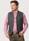 Classic grey Bavarian vest with green embroidery and wooden button accents, ideal for Oktoberfest and rustic gatherings.