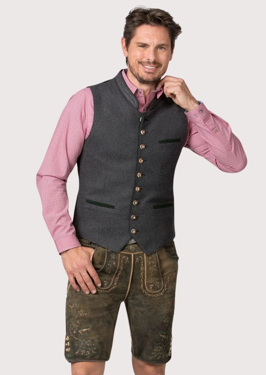 Stylish Bavarian Vest for men in grey with embroidered details and wooden buttons, perfect for Oktoberfest and cultural celebrations.