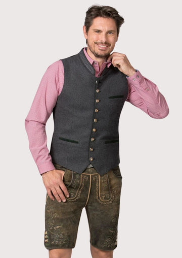 Stylish Bavarian Vest for men in grey with embroidered details and wooden buttons, perfect for Oktoberfest and cultural celebrations.