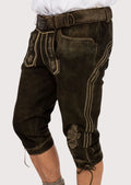 Authentic Bavarian Bundhosen for men featuring suede leather fabric, floral embroidery, and adjustable cuffs, perfect for Oktoberfest and traditional events.