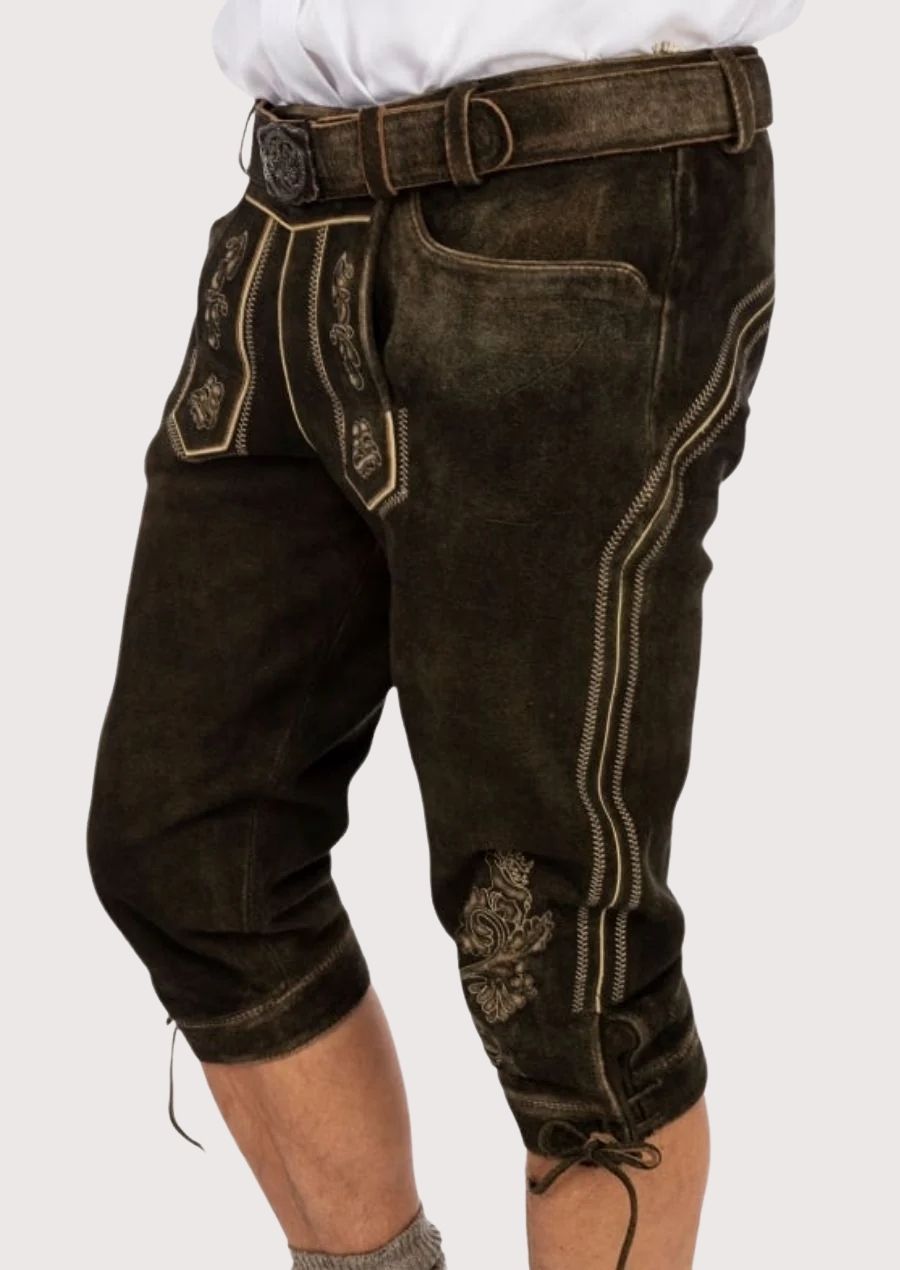 Authentic Bavarian Bundhosen for men featuring suede leather fabric, floral embroidery, and adjustable cuffs, perfect for Oktoberfest and traditional events.