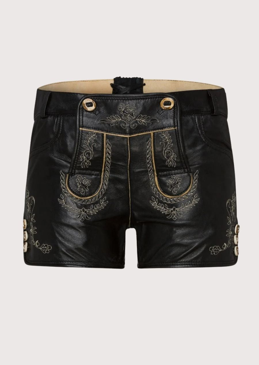 Authentic Bavarian lederhosen for women, featuring intricate floral embroidery and metallic button details, perfect for festive occasions and Oktoberfest.