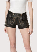 Elegant black leather lederhosen for women, designed with adjustable side buttons and floral embroidery, perfect for Oktoberfest and cultural events.