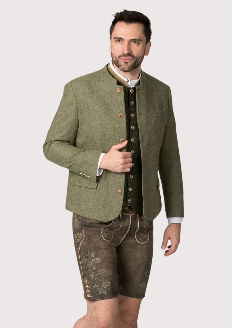 Stylish Men's Bavarian Jacket with wooden buttons and satin lining for Oktoberfest and cultural celebrations.

