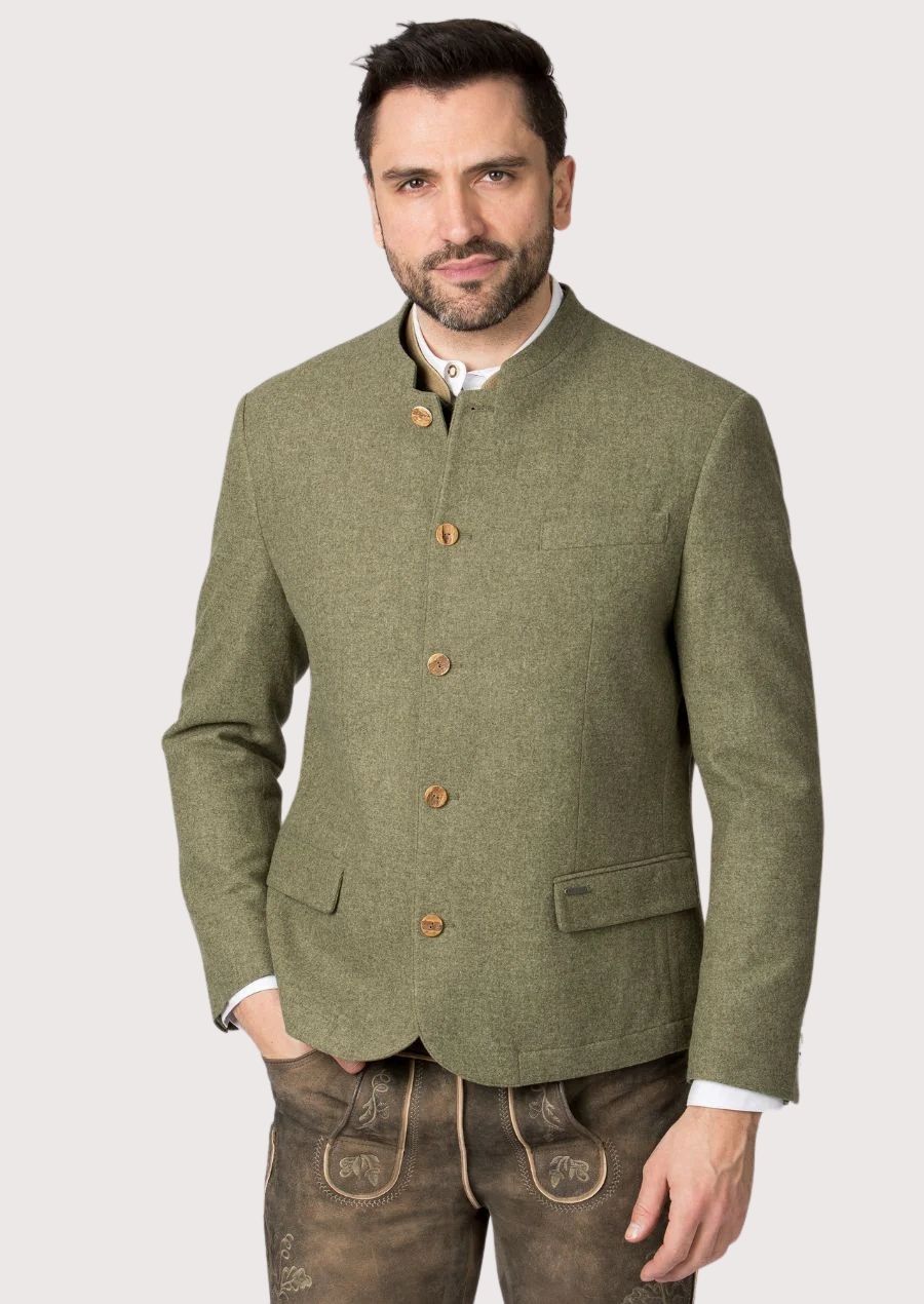 Stylish Men's Bavarian Jacket with wooden buttons and satin lining for Oktoberfest and cultural celebrations.


