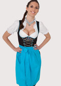 Stylish Oktoberfest Dirndl featuring a fitted embroidered bodice, bright blue apron, puff sleeves, and elegant traditional styling.