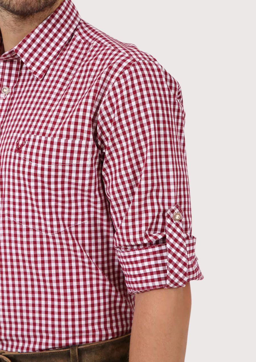 Stylish red checked men’s shirt designed for daily use
