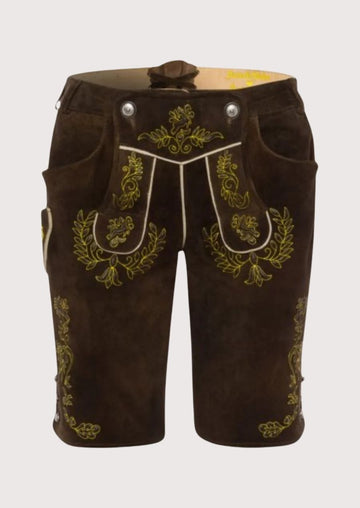 Suede Lederhosen Brown Oak Leaf with olive embroidery, rich espresso suede, and authentic Alpine folk detailing. 